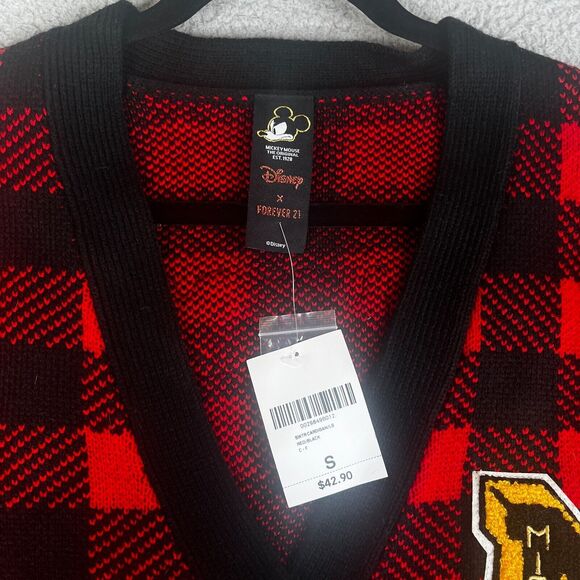 Mickey Mouse Cardigan Sweater Womens Small Red Buffalo Plaid Disney Forever 21 - Picture 7 of 11